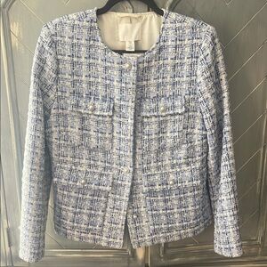 Blue and White Bouclé Blazer with Crew Neckline